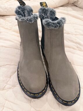 Dr. Martens Gray Suede Faux-Fur Collar Chelsea Boots